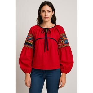 Rare Stella Jean Italy Runway Embroidered Folk Art Balloon Sleeve Top Red 42